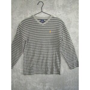 Polo Ralph Lauren Striped V Neck Long Sleeve Shirt Mens Medium Gray Navy Cotton
